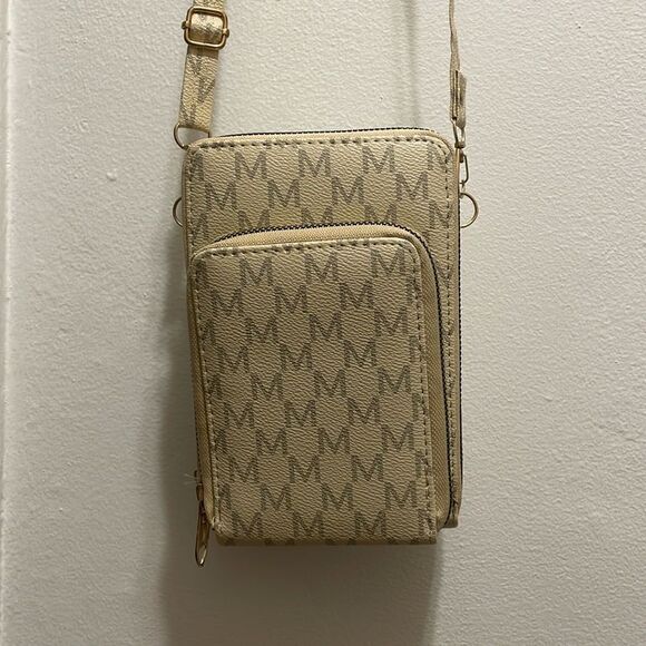 3/$15 M monogram beige phone wallet messenger tiny mini bag 3 zipper compartment - Picture 1 of 9
